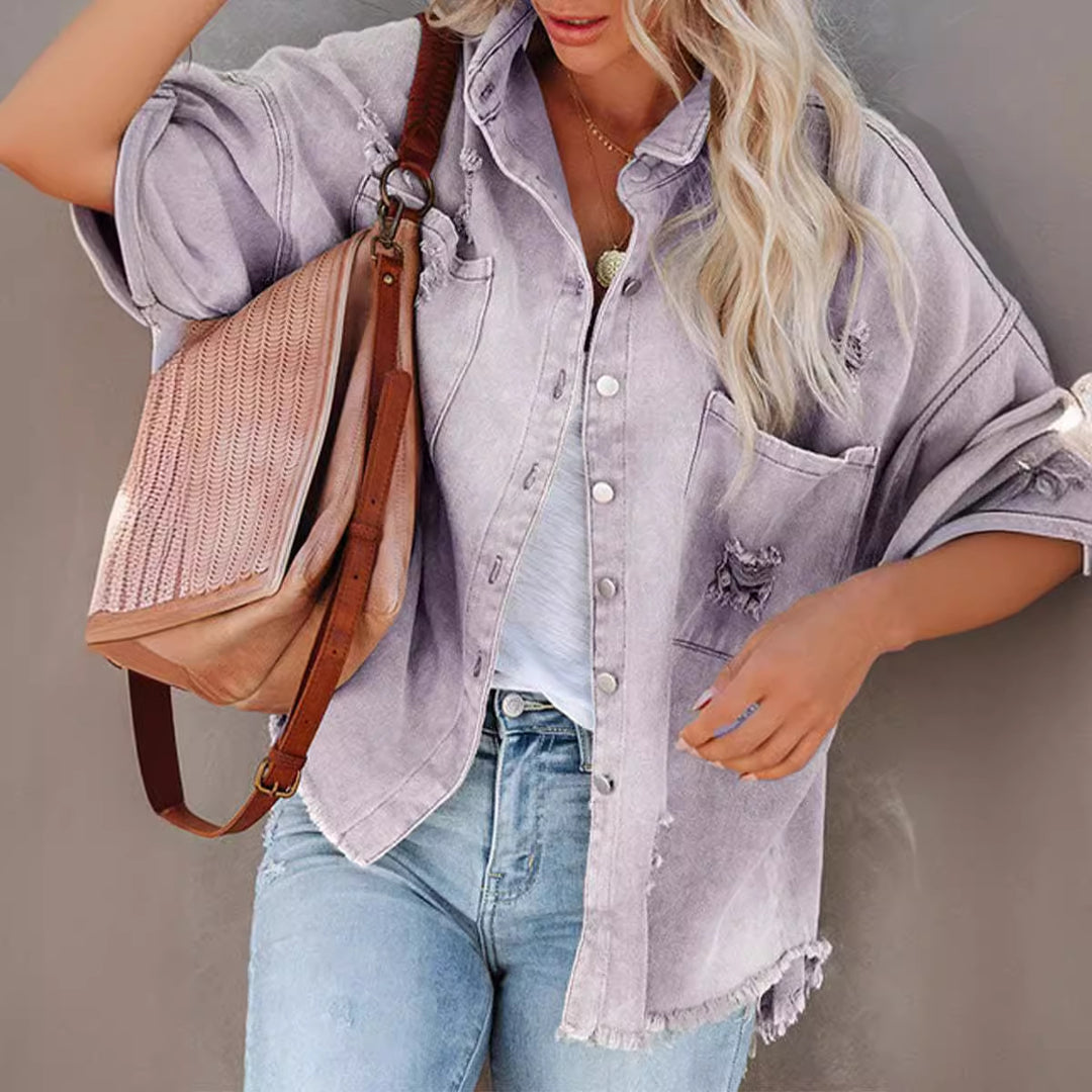 Damen Oversize Denimjacke mit Raffung und fransigem Saum EB