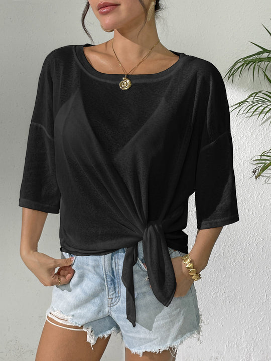 Damen lässiges Oberteil mit floralem Design und seitlichem Knoten EB