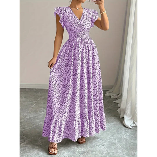 Damen Maxikleid mit floralem Rüschendesign und elastischem Taillenteil EB
