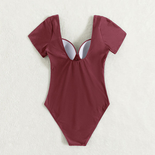 Damen Einteiler Badeanzug mit elegantem Bustier-Schnitt und kurzen Ärmeln EB