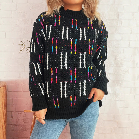 Damen lässiger Strickpullover mit vielseitigem Farbenspiel und hohem Kragen EB