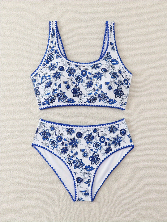 Damen Hochtailliertes Bikini-Set mit floralem Design EB