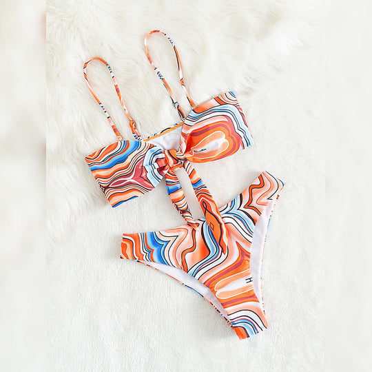 Damen Bandeau-Bikini mit verspieltem Wickeldesign und buntem Muster EB
