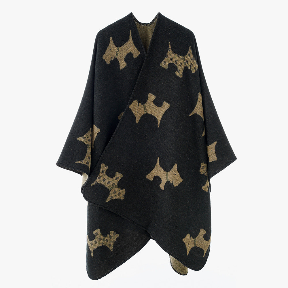 Damen Reversibler Wollmix-Umhang mit Terrier-Jacquardmuster EB