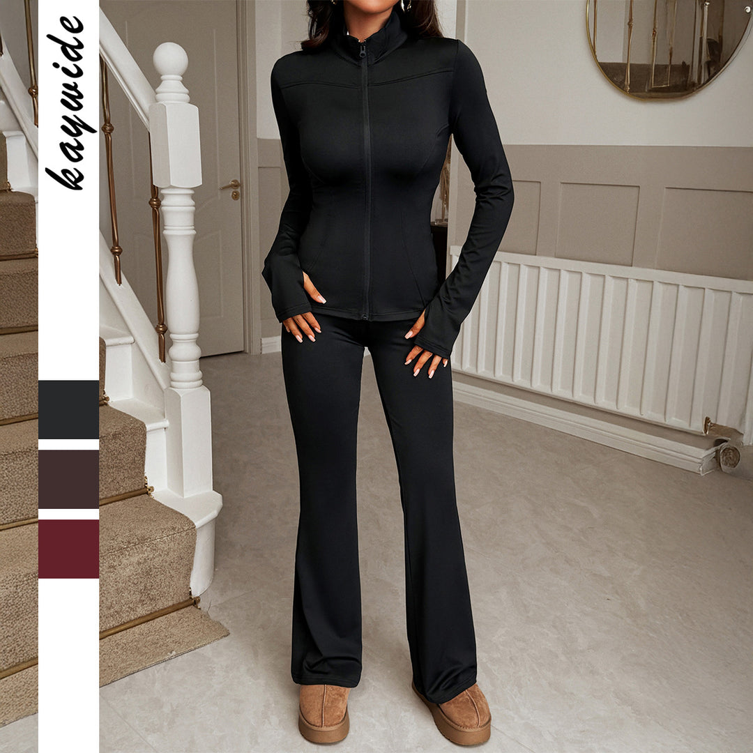 Damen nan figurbetontes Stretch-Joggingset mit taillierter Reißverschluss-Jacke und ausgestellter Schlaghose EB