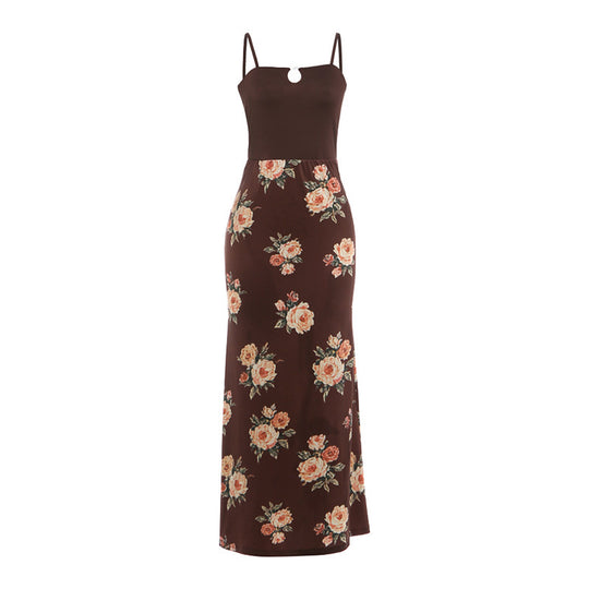 Damen Maxi-Kleid mit modischem Blumenmuster und schmalen Spaghettiträgern EB