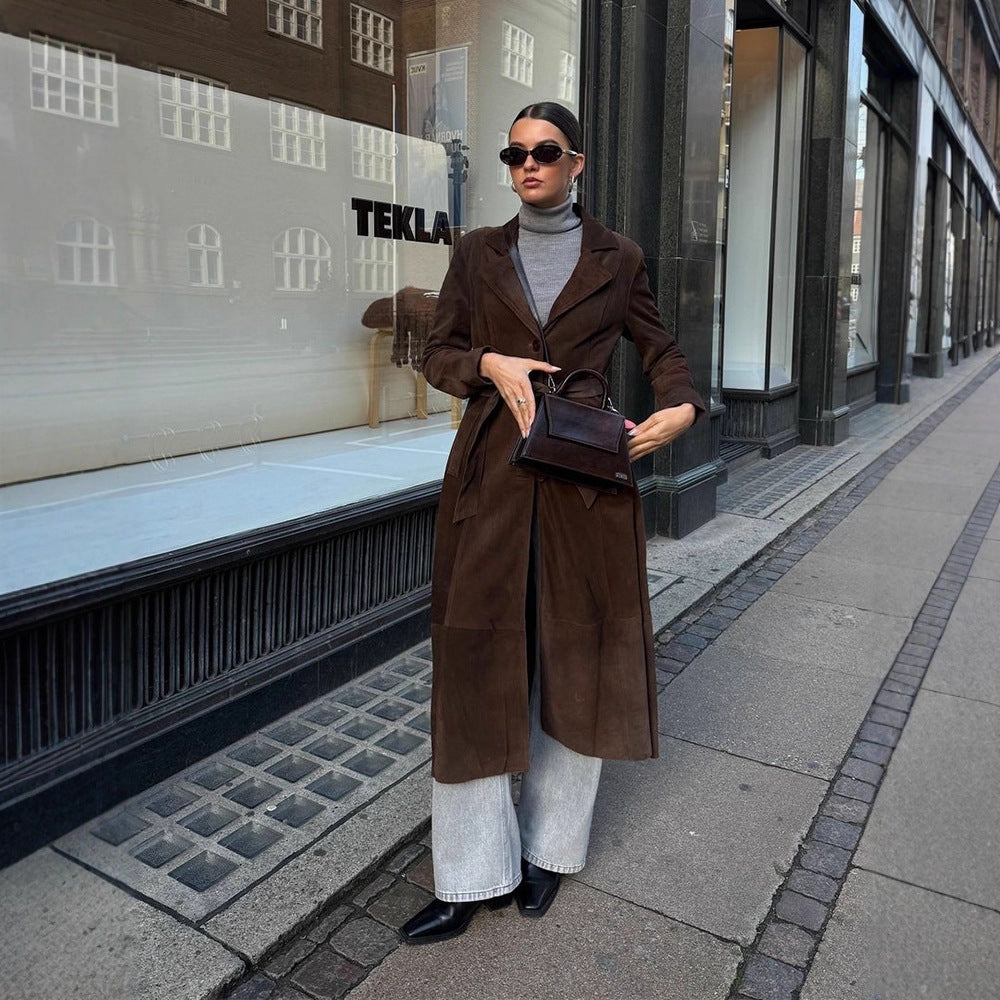 Damen Eleganter Wildledermantel mit Taillengürtel EB