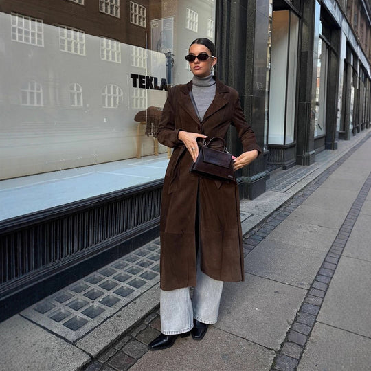 Damen Eleganter Wildledermantel mit Taillengürtel EB