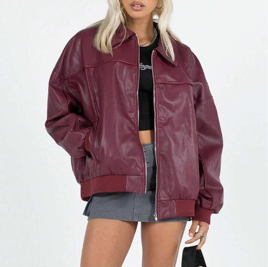 Damen Kunstleder Jacke im modernen Oversized-Stil EB