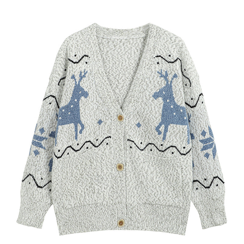 Damen Gemütlicher Cardigan mit Rentier-Motiv und Taschen EB