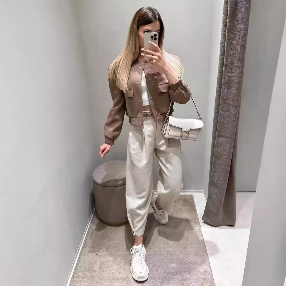 Damen lässige cropped Jacke mit praktischen Taschen und elastischem Saum EB