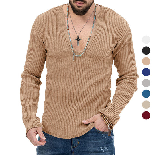 Herren Langarm-Rippenpullover mit tiefem V-Ausschnitt und modernem Schnitt EB