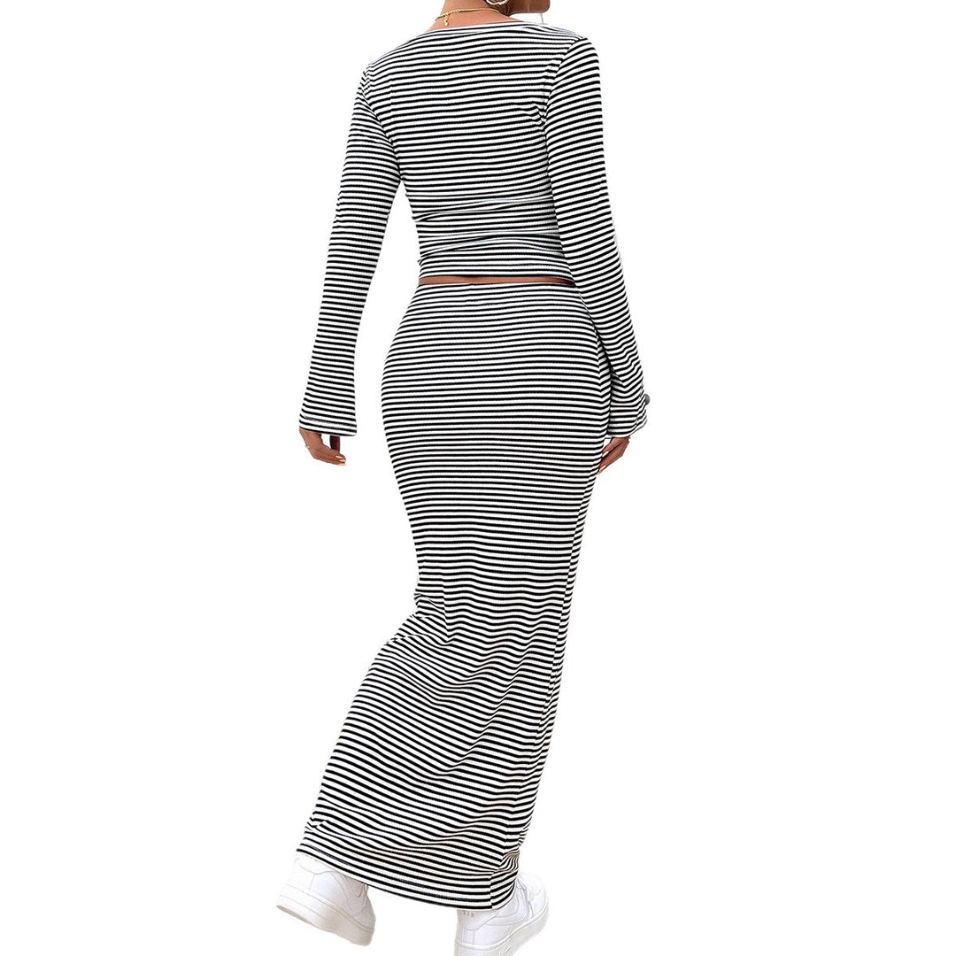 Damen nan gestreiftes zweiteiliges Bodycon-Set mit Langarm-Crop-Top und tailliertem Maxirock EB