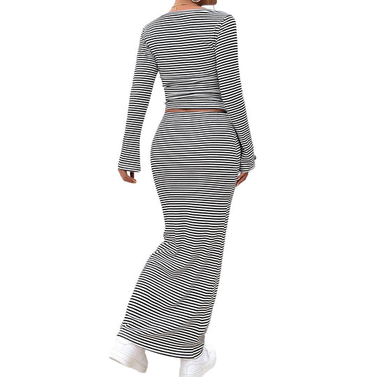 Damen nan gestreiftes zweiteiliges Bodycon-Set mit Langarm-Crop-Top und tailliertem Maxirock EB