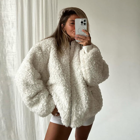 Damen gemütliche Teddyjacke mit hohem Kragen EB