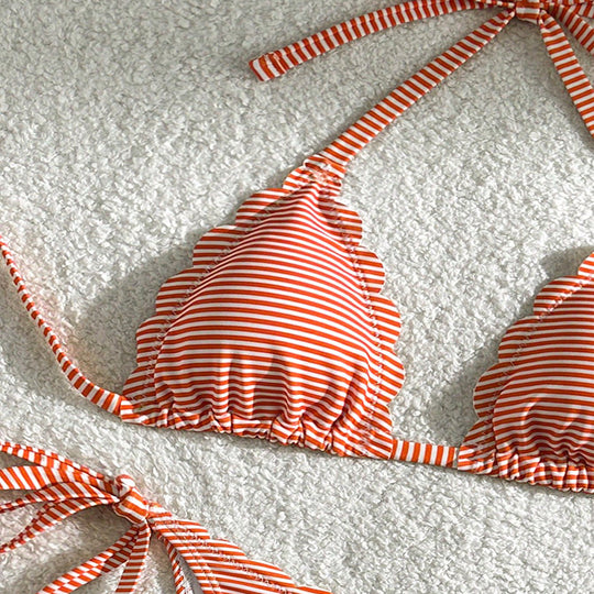 Damen Triangel-Bikini mit verspieltem Rüschendesign und Bindebändern EB