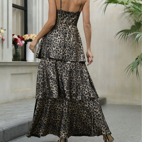 Damen Elegantes Tiermuster-Maxikleid mit tiefem V-Ausschnitt und voluminösem Rock EB