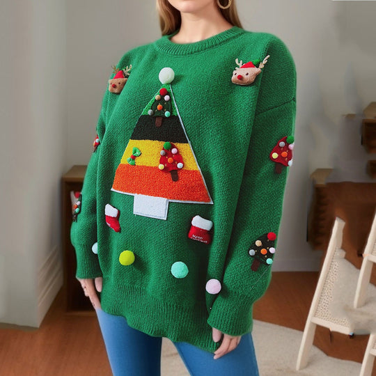 Damen Weihnachts-Pullover mit festlichem 3D-Motiv und dekorativen Applikationen EB