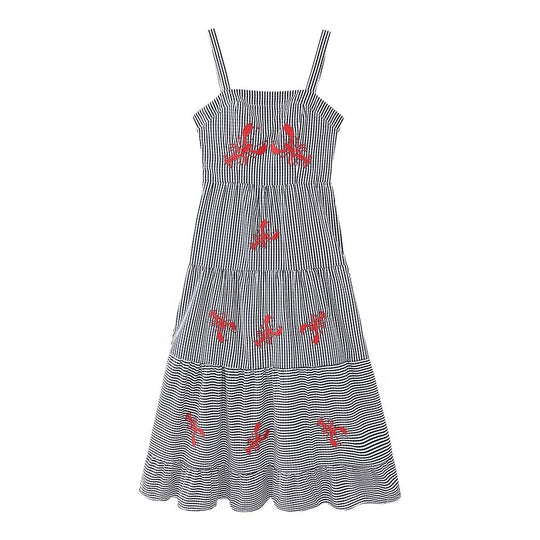 Damen luftiges Maxikleid mit Streifenmuster und floralen Stickereien EB