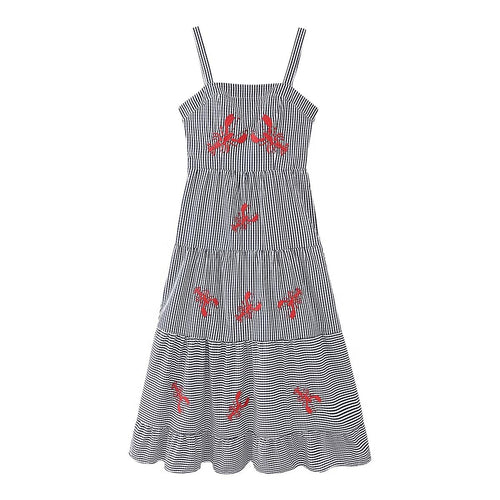 Damen luftiges Maxikleid mit Streifenmuster und floralen Stickereien EB