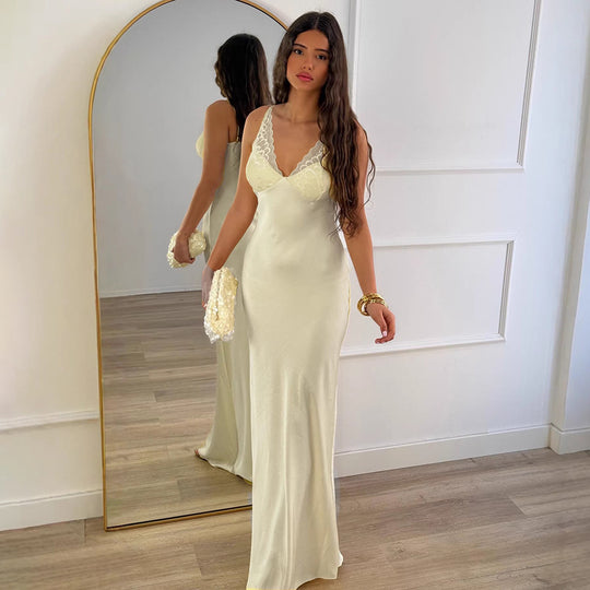 Damen Elegantes Seiden-Maxikleid mit Spitzenverzierung EB