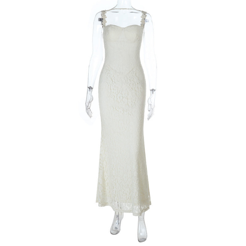 Damen elegantes Maxikleid mit Spitze und verführerischem Herzausschnitt EB