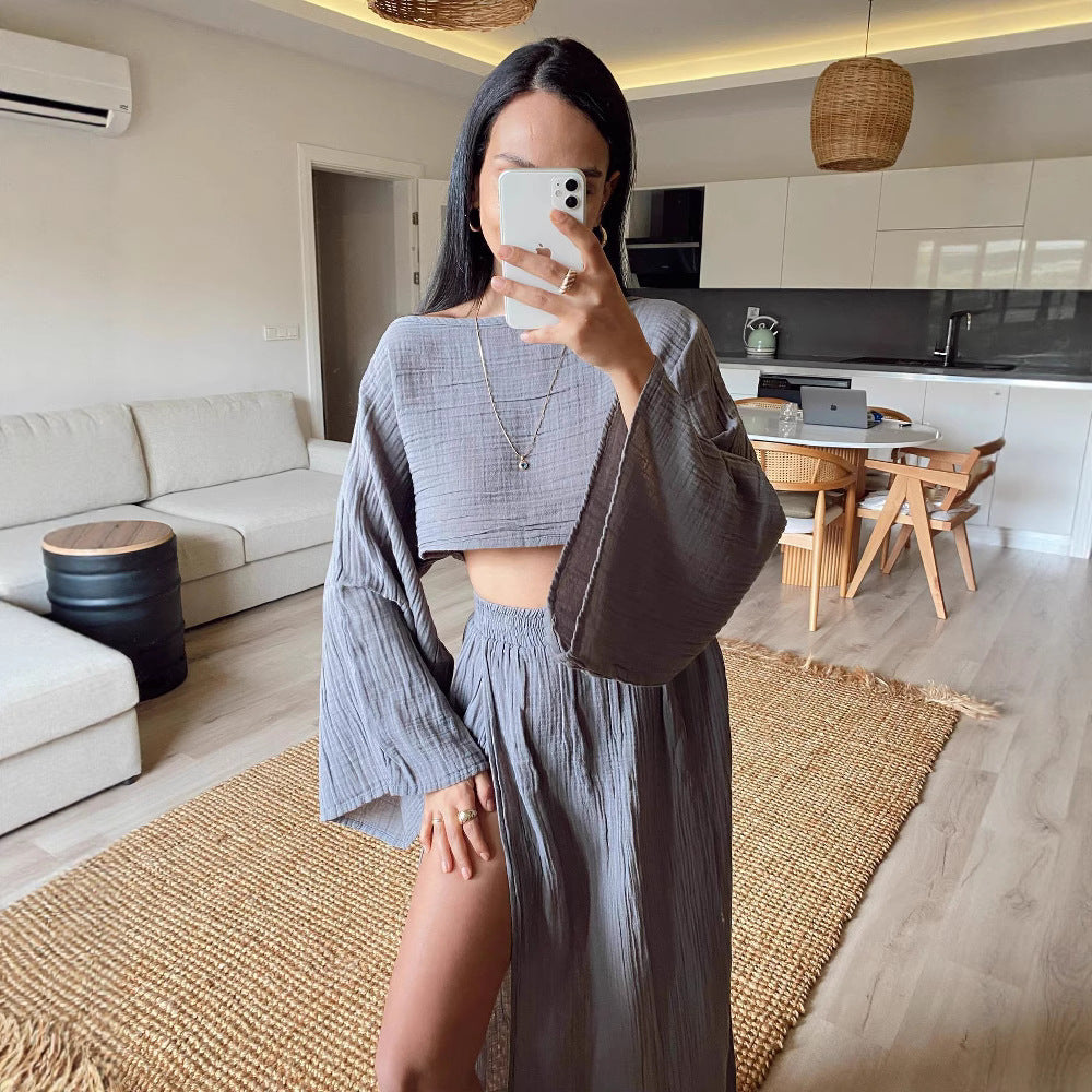Damen luftiges Set aus cropped Oberteil und hoch geschnittenem Rock EB