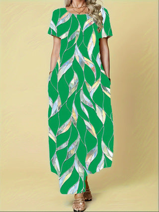 Damen Maxikleid mit elegantem Blattmuster und praktischen Taschen EB