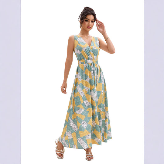 Damen Maxikleid mit tiefem V-Ausschnitt und modischem geometrischen Muster EB