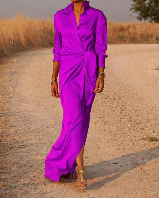 Damen Elegantes Wickel-Maxi-Kleid mit vielseitigem Kragen und seitlichem Schlitz EB