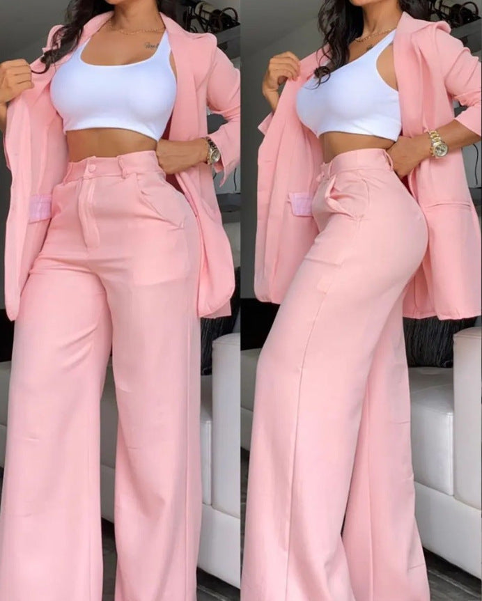 Damen elegantes Blazer- und Hosen-Set mit weitem Schnitt EB