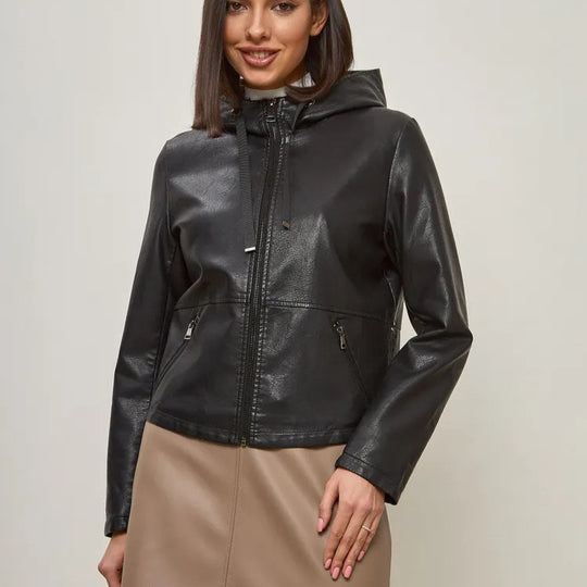 Damen modische Kunstlederjacke mit Kapuze und Reißverschlusstaschen EB
