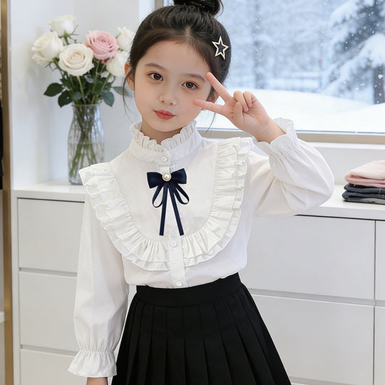 Mädchen elegante Rüschenbluse mit dekorativem Schleifenverschluss EB