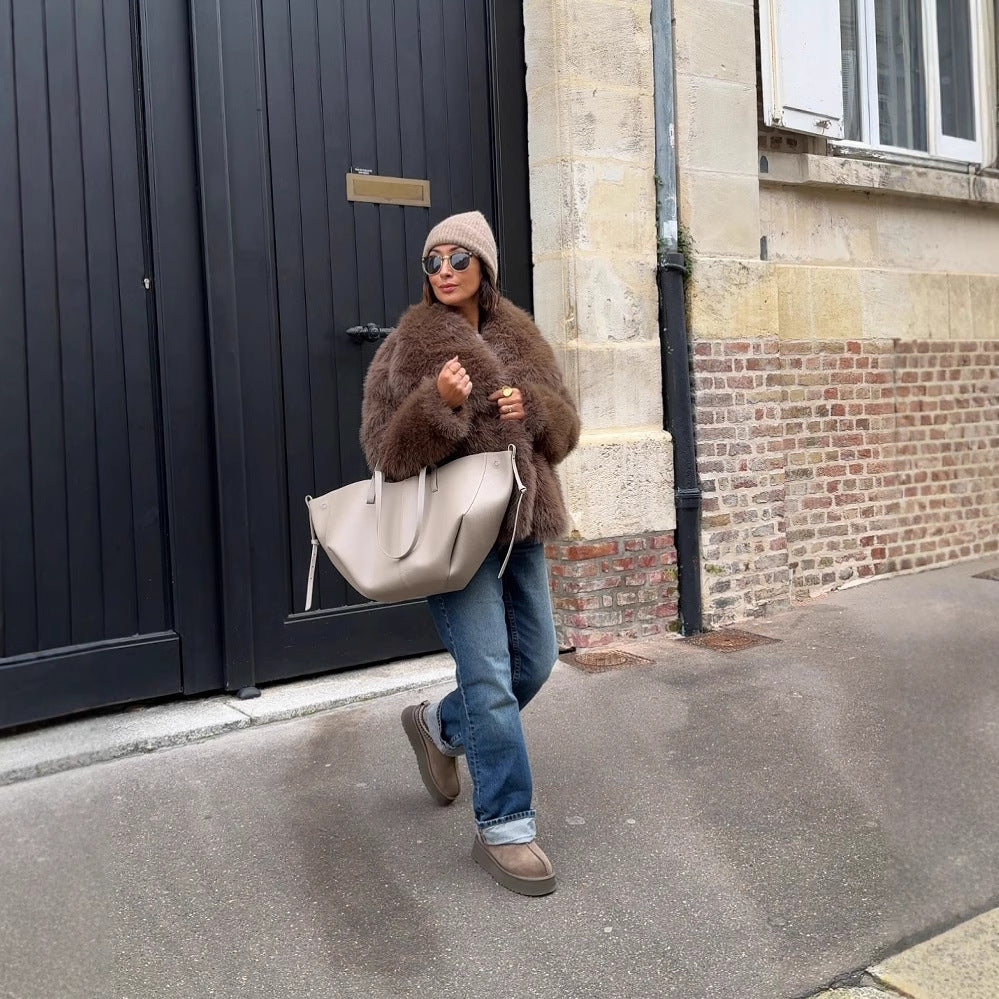 Damen Kunstpelz-Jacke mit breitem Kragen und luxuriösem Look EB