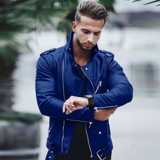 Herren nan stylische Bikerjacke aus Kunstleder mit asymmetrischem Reißverschluss und tailliertem Schnitt EB