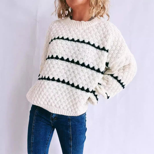 Damen Grobstrickpullover mit kontrastierenden Streifen EB