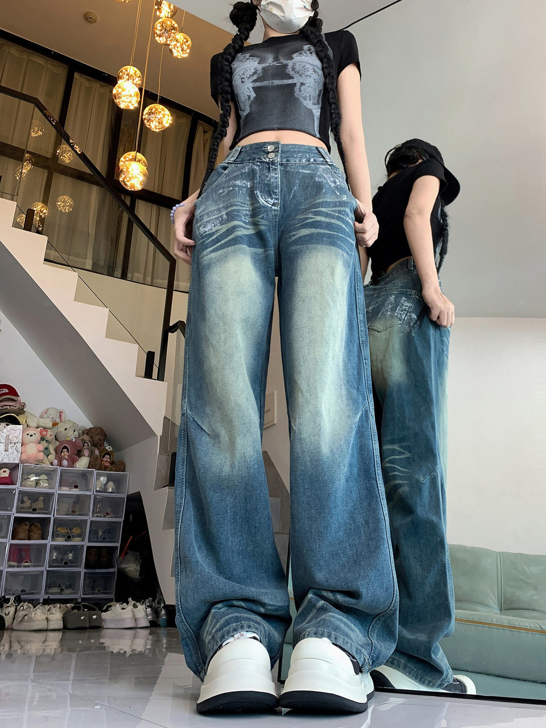 Damen Weite Jeans mit modischem Vintage-Waschlook und lässigem Design EB