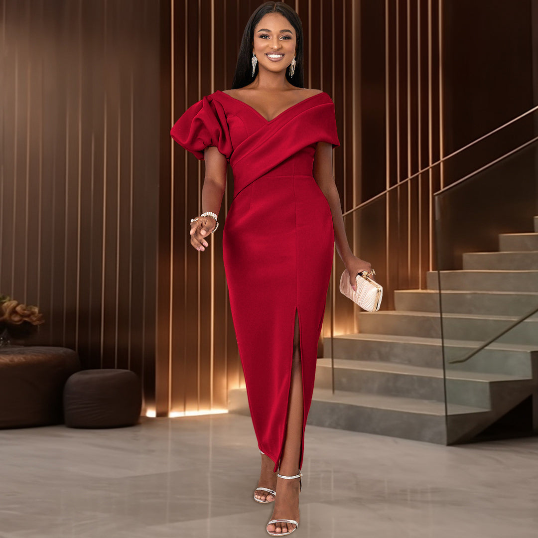 Damen Elegantes Maxikleid mit asymmetrischem Ausschnitt und voluminösen Puffärmeln EB