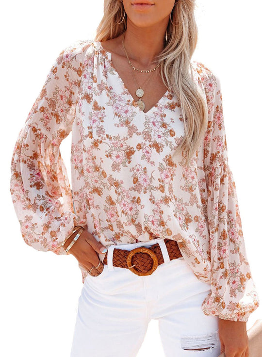 Damen Bluse mit floralen Mustern und V-Ausschnitt EB