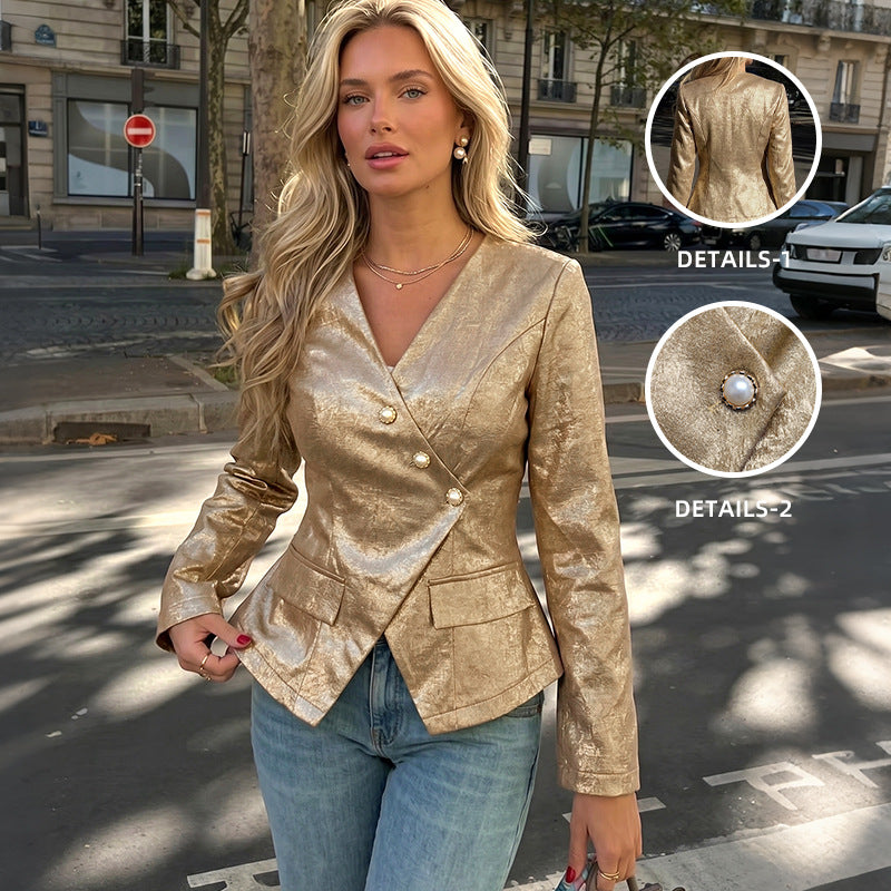 Damen Taillierter Metallic-Blazer mit Perlenknopfleiste und Schößchen EB