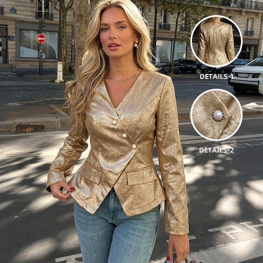 Damen Taillierter Metallic-Blazer mit Perlenknopfleiste und Schößchen EB
