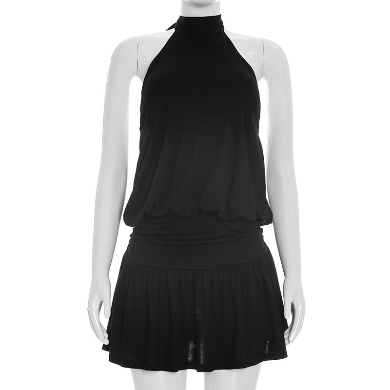 Damen lässiges Trägerkleid mit hochgeschlossenem Design und gerafftem Saum EB