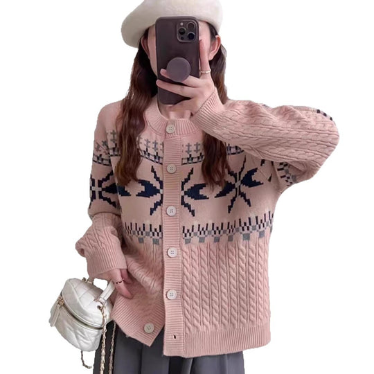 Damen Strickjacke mit traditionellen Mustern und großen Knöpfen EB