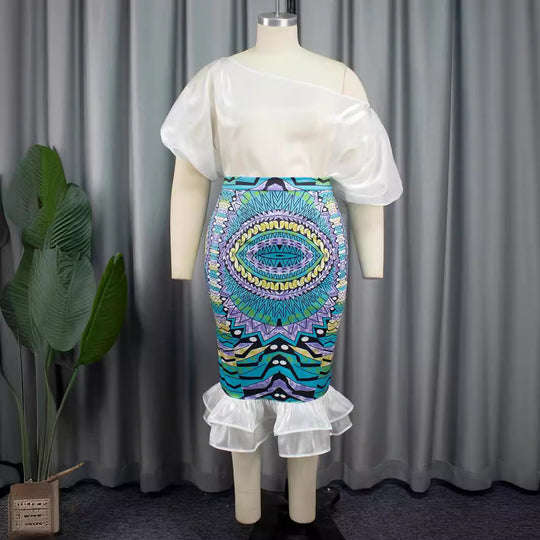 Damen Elegantes Kleid mit asymmetrischem Design und buntem Print EB