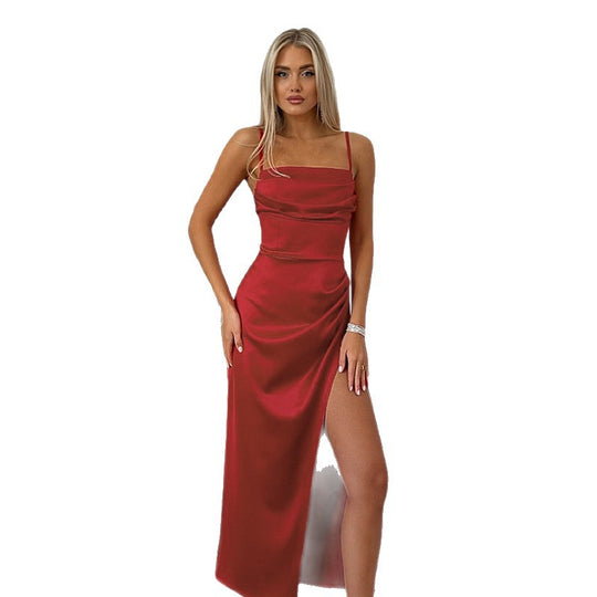 Damen elegantes Maxikleid mit Raffung und seitlichem Schlitz EB