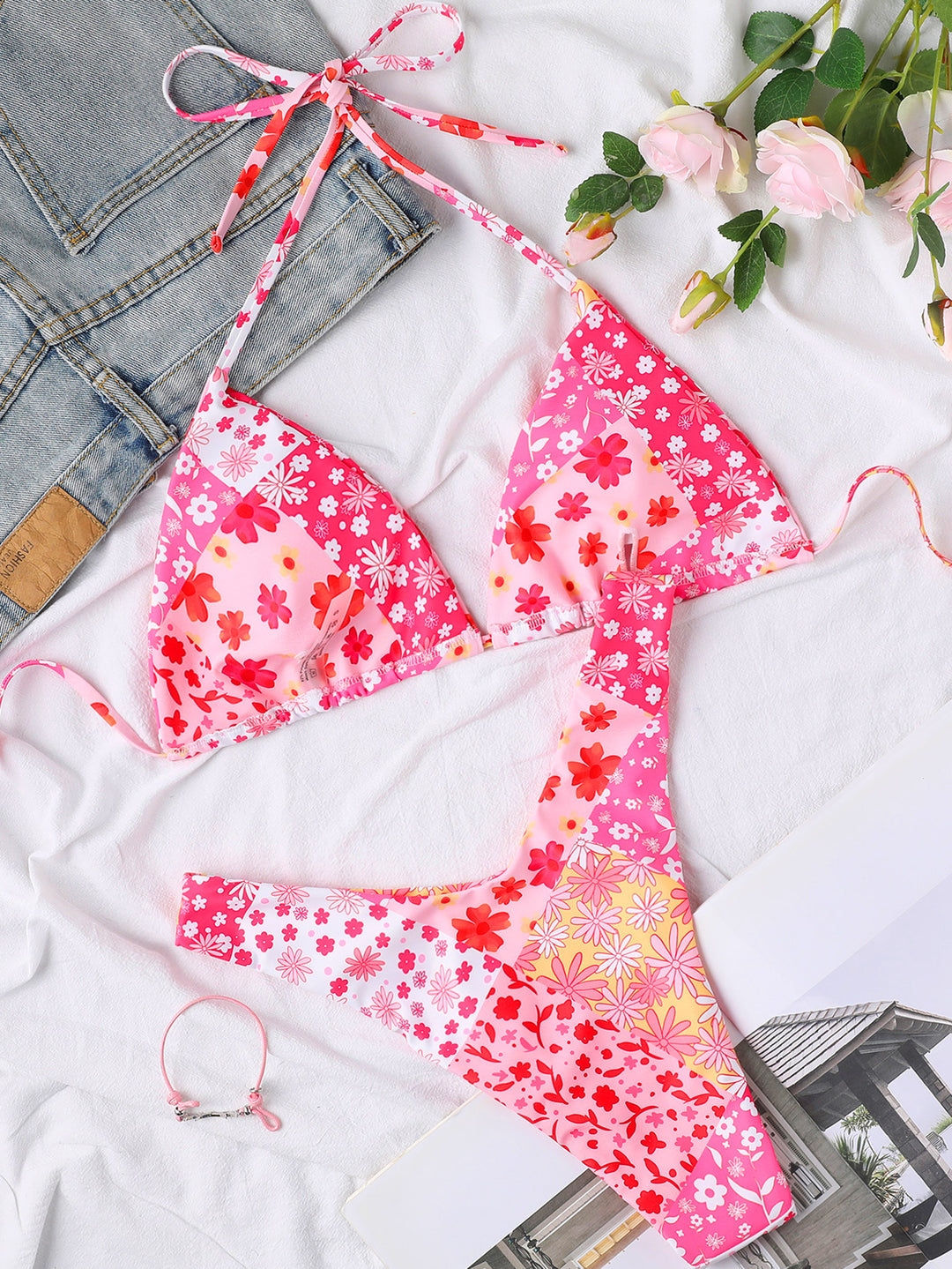 Damen Triangel-Bikini mit verspieltem Palmenmuster EB