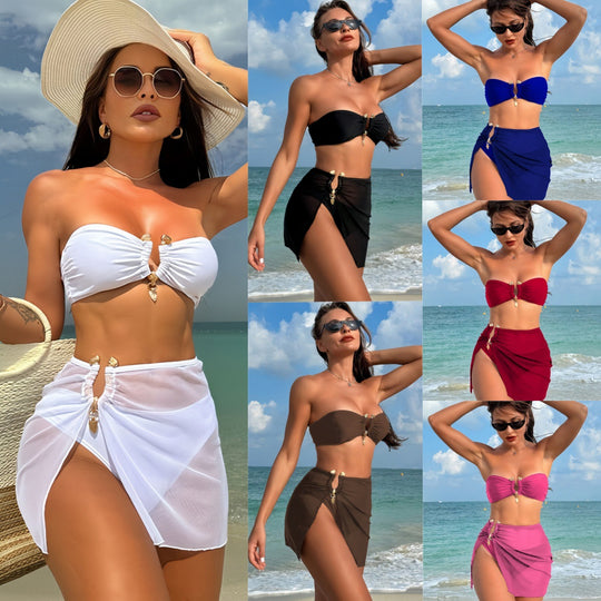 Damen Bandeau-Bikini-Set mit eleganter Rock-Overlay EB