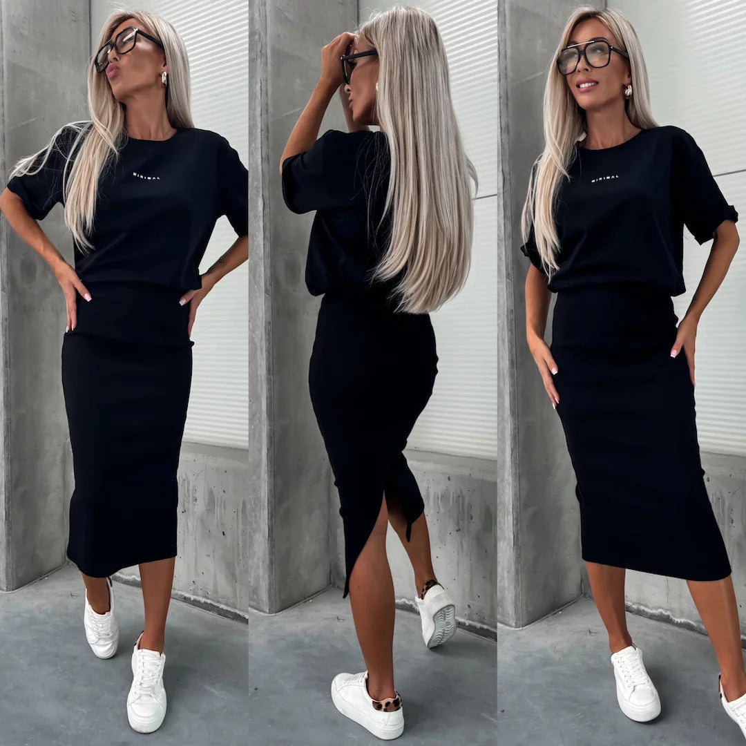 Damen zweiteiliges Strick-Set mit oversized Boxy-Shirt und figurumspielendem Midirock mit Seitenschlitz EB