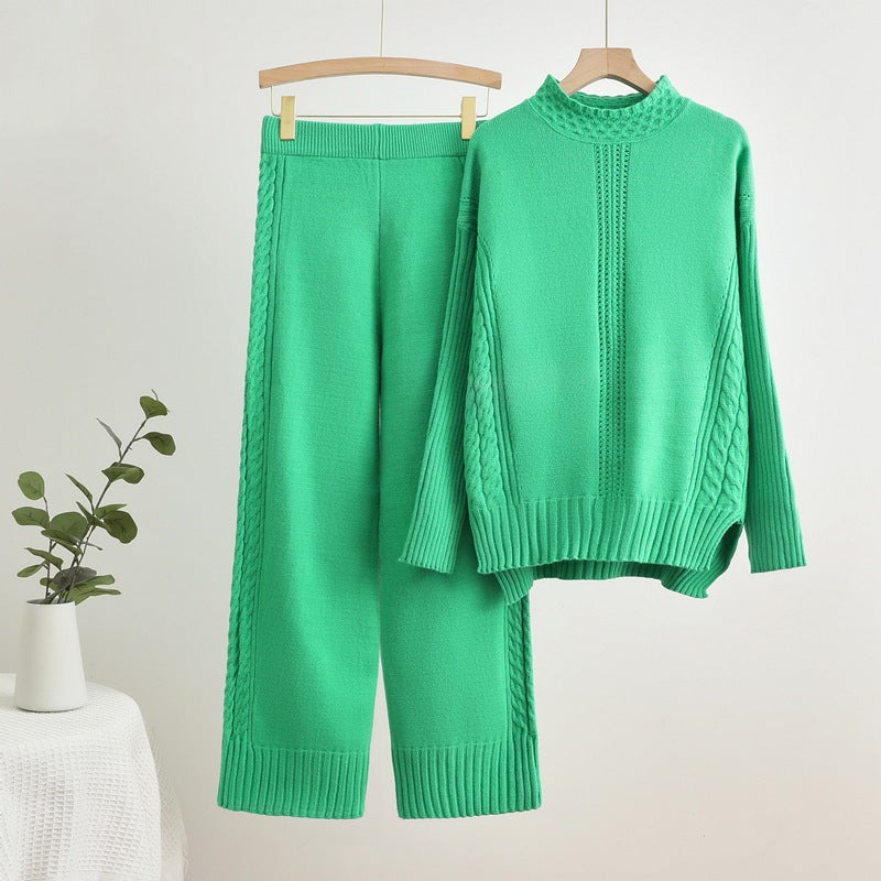 Damen komfortables Strick-Loungewear-Set mit hohen Bündchen und dekorativen Zopfmustern EB