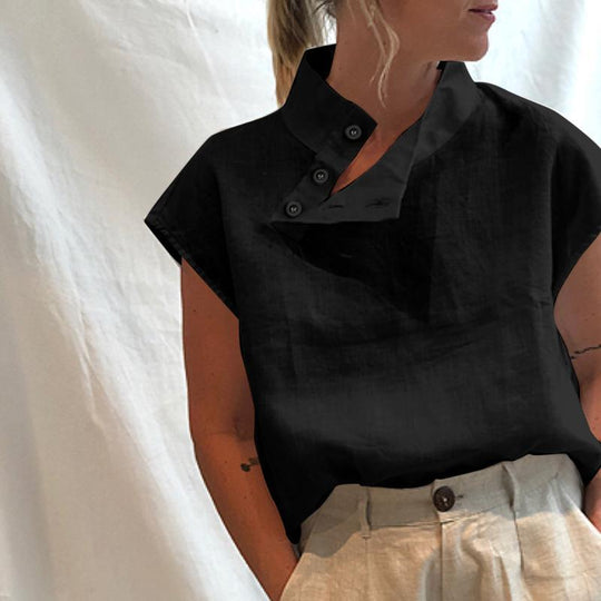 Damen moderne Bluse mit Stehkragen und eleganten Knopfdetails EB